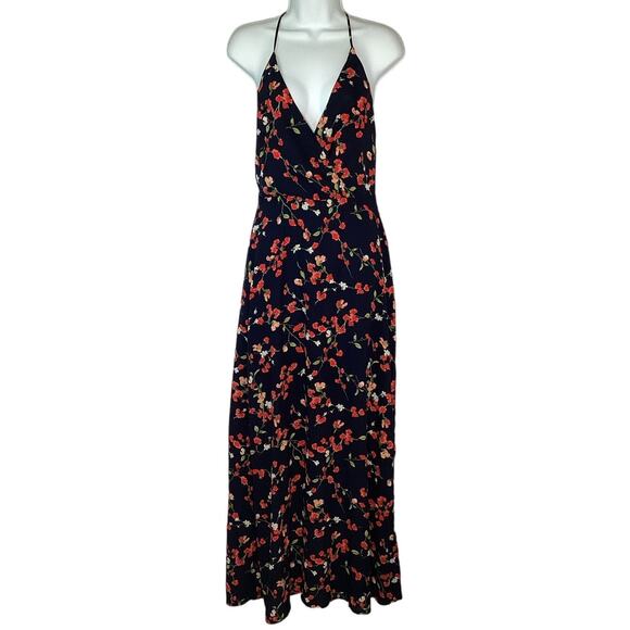 LUSH Floral Maxi Sundress Black Small Strappy V-Neck Wrap Look Side Slit Long - Picture 1 of 15